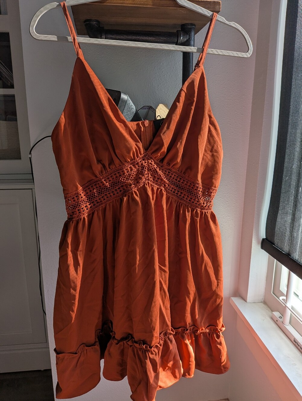 Cider NWT Burnt Orange Lace Trim Ruffle Tunic Mini Dress Large Rust Boho